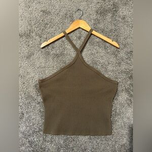 Anthroplogie T.La Green Ribbed Halter Tank Knit Top Size XL
